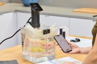 Anova Culinary Precision Cooker Pro in use with a rectangular water container and a smartphone displaying the cooking settings