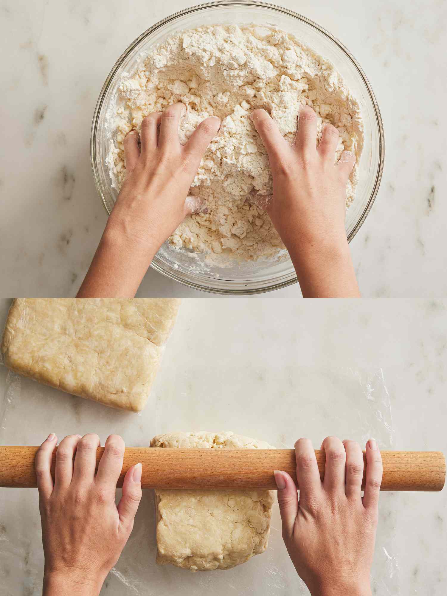 2 image collage. Top: hands mixing water into dough mixture in a bowl. Bottom: Rolling out dough with a rolling pin on a marble surface 