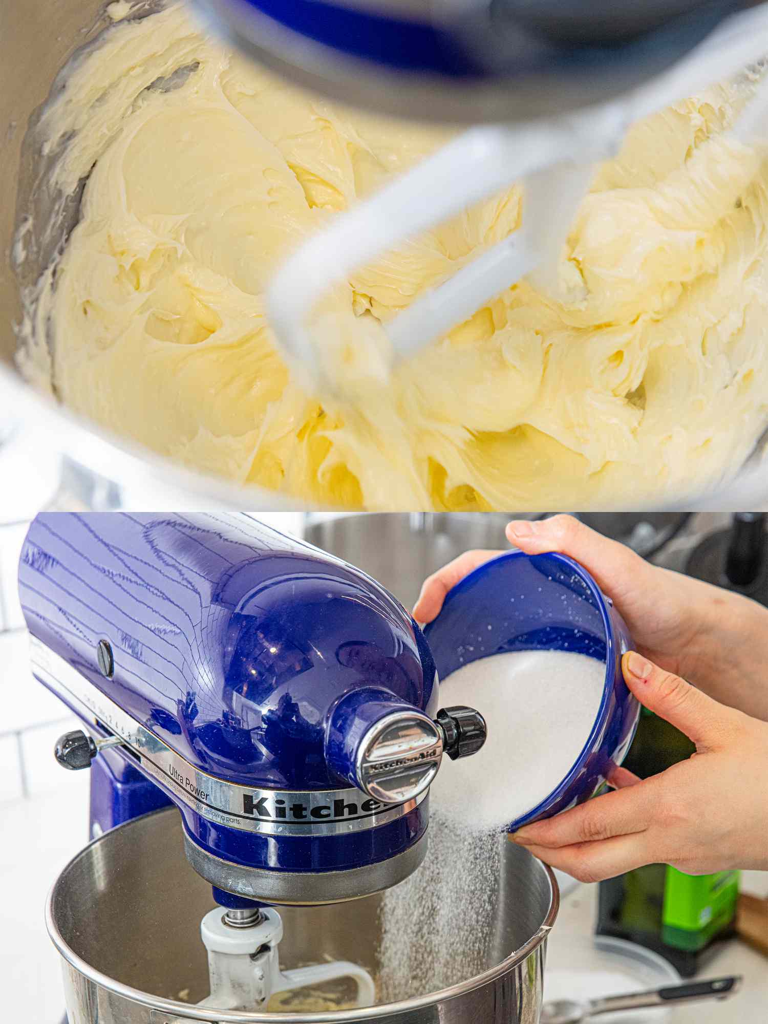 Two image collage of creamed butter and added sugar