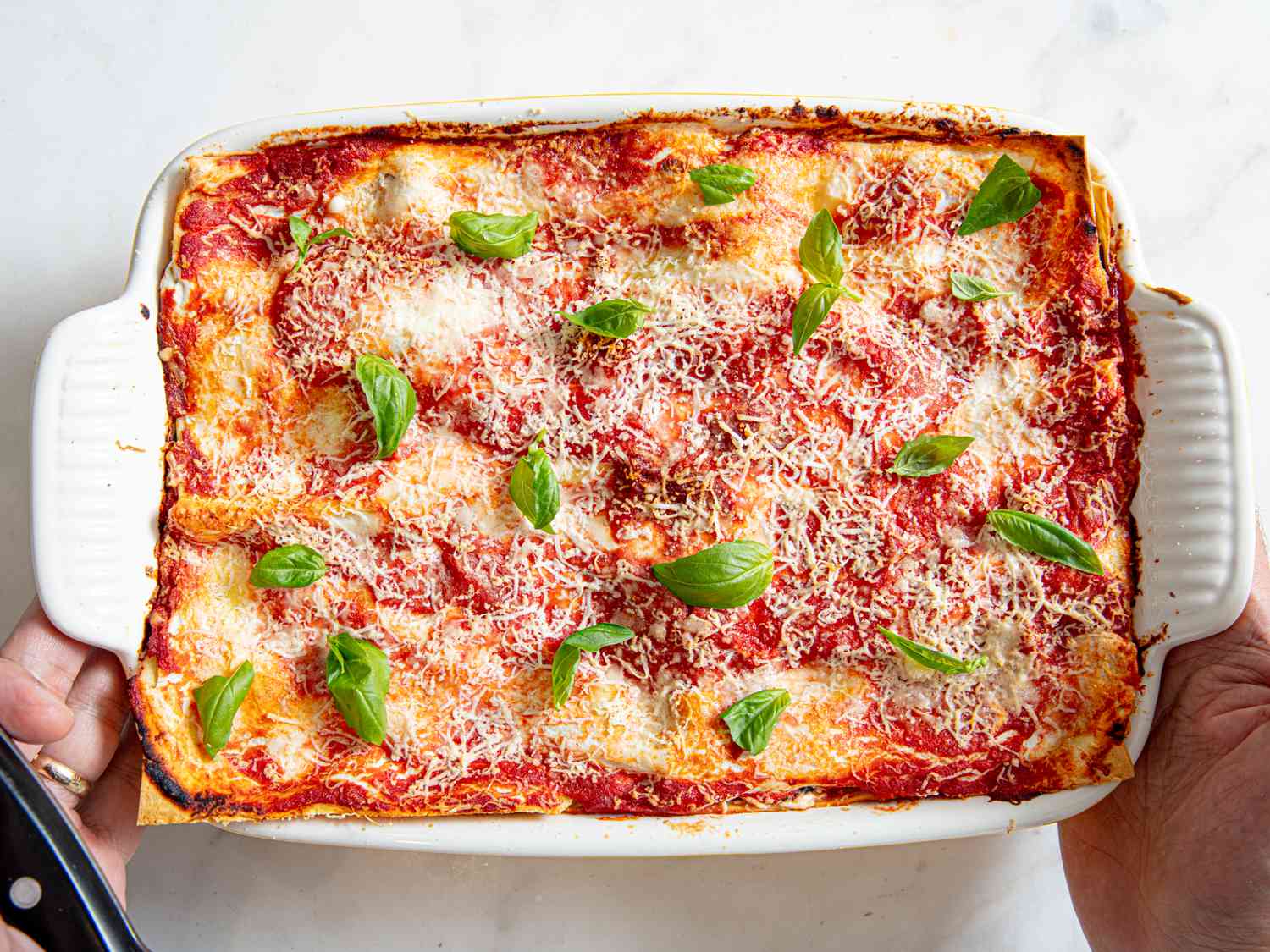 Overhead view of finished lasgna 