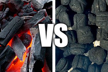 A custom image which shows lump charcoal on the left side of the image and charcoal briquettes on the right side of the image. Dividing the image is a white line with the letters "VS", meaning versus, in between them, to indicate the two types of charcoal are competing.