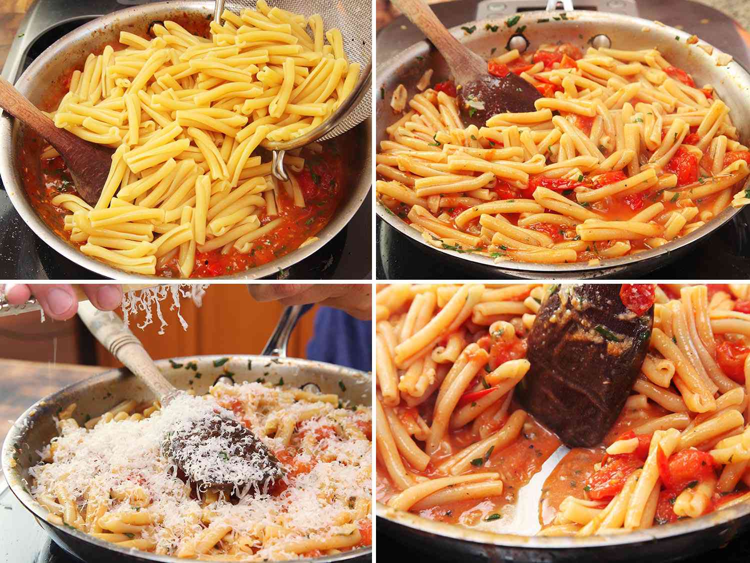 Collage of saucing pasta with cherry tomato sauce: adding pasta to skillet, stirring to coat, adding Parmesan cheese and incorporating cheese.