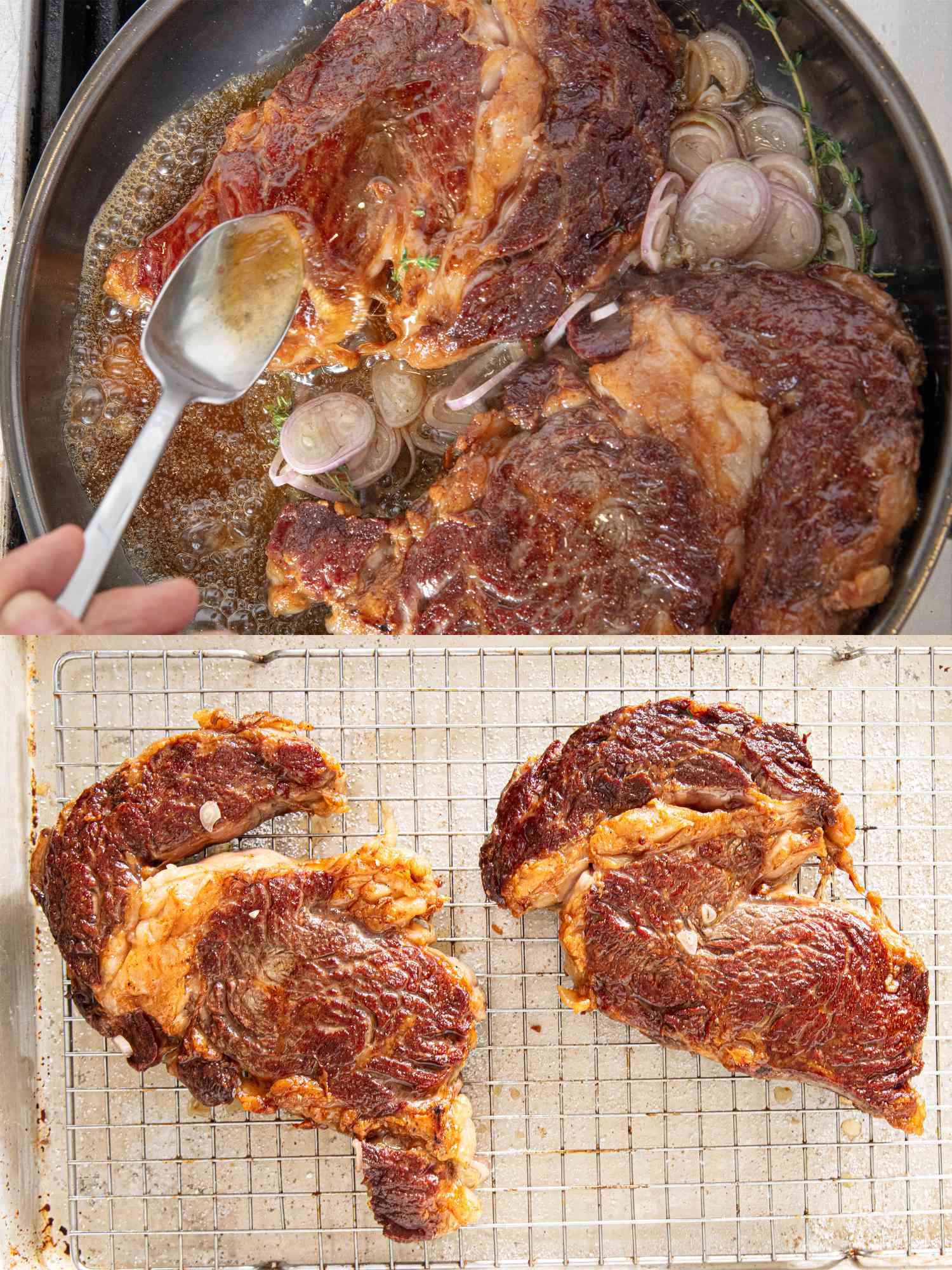 Two image collage of cooking steaks and resting
