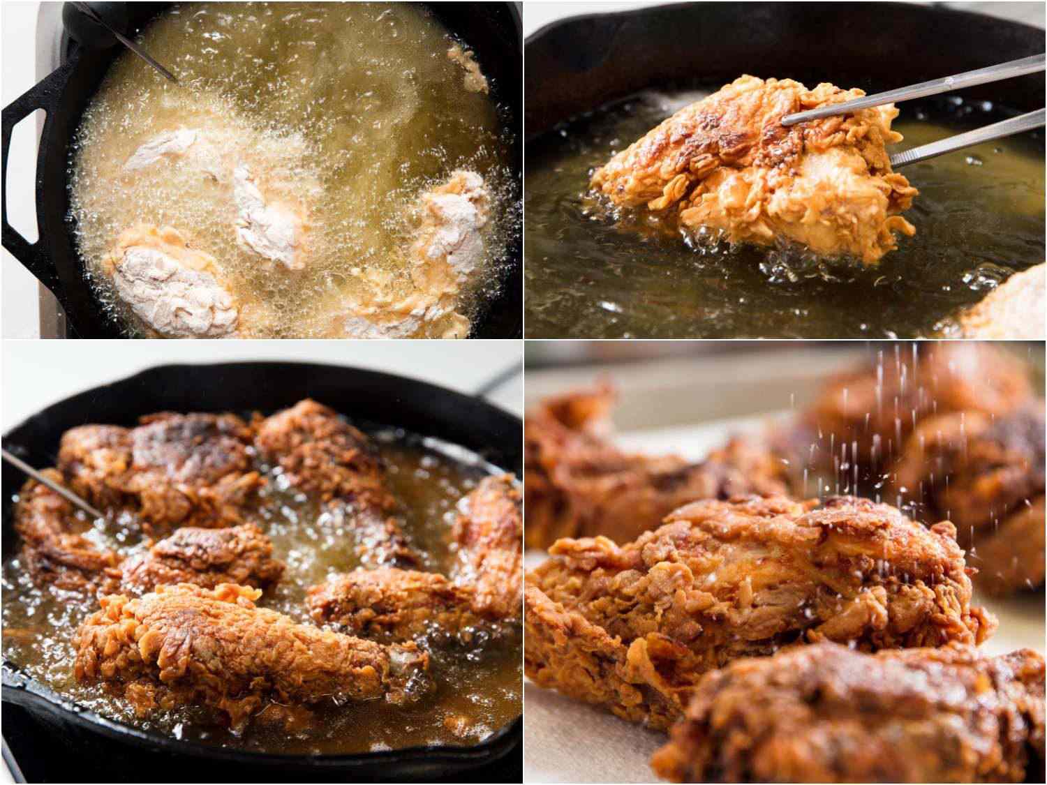 Collage of various stages of chicken frying: first side frying in a cast iron pan with floured side visible, tongs turning chicken, chicken frying on second side, salt being sprinkled on chicken