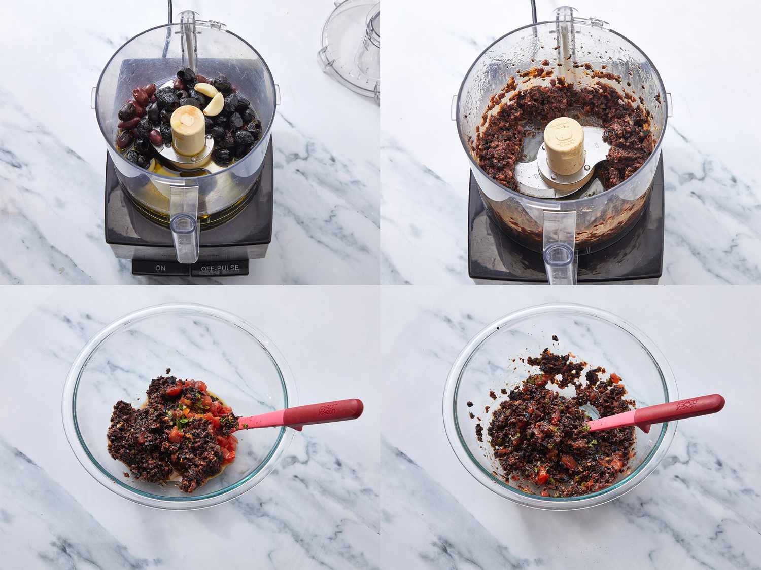 Stages of preparing olive and tomato compote in a food processor and bowl