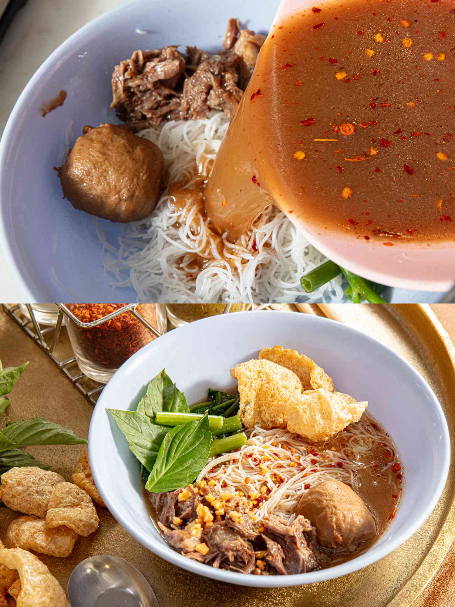 Two image collage of adding boat sauce to bowls and finished boat noodles