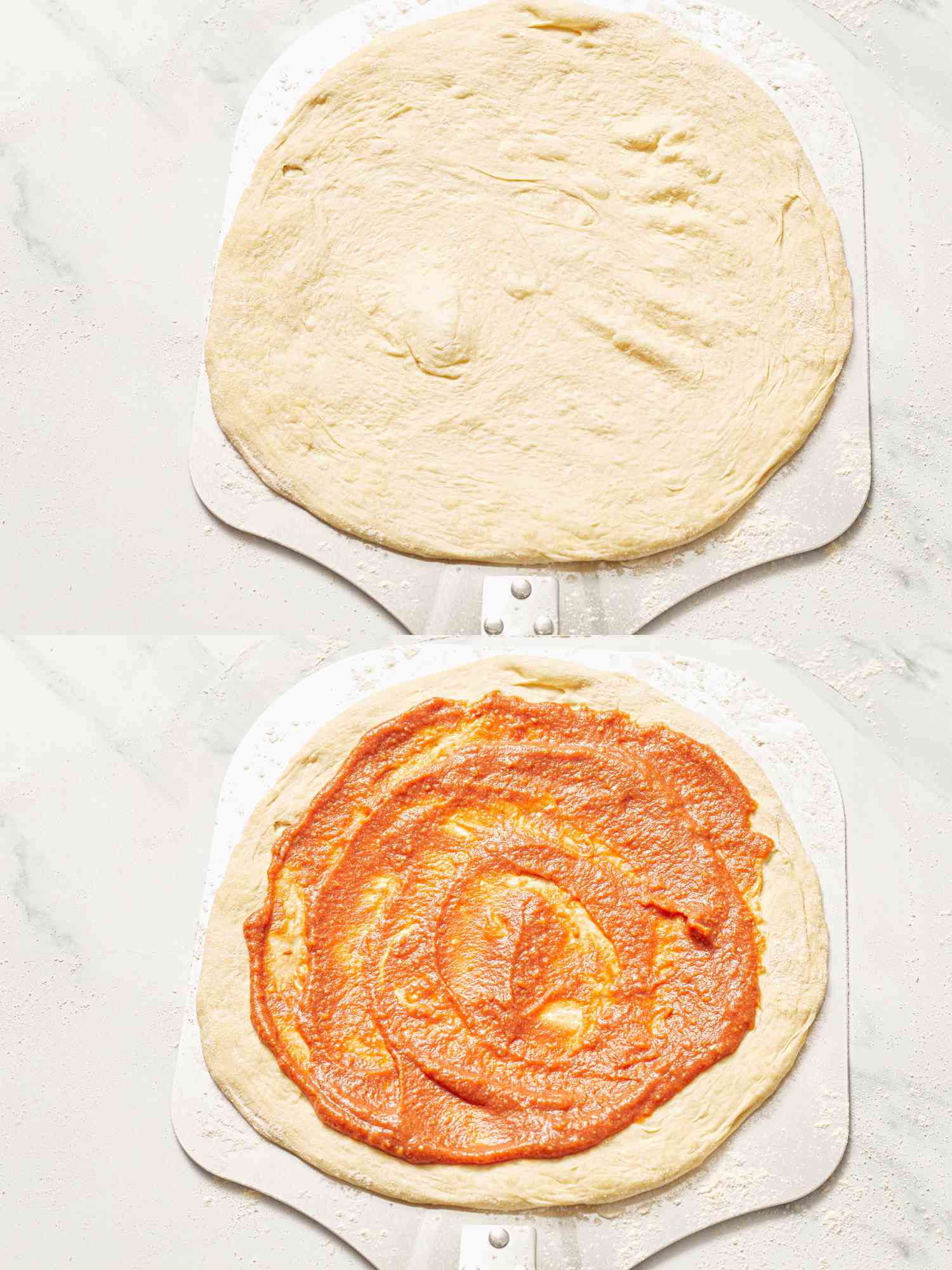 Pizza dough preparation in two steps, plain dough on top and dough with sauce spread on the bottom.