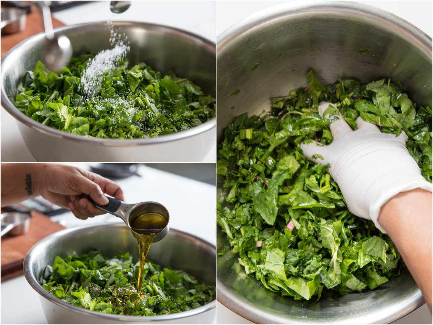 Combining mixed greens with seasoning