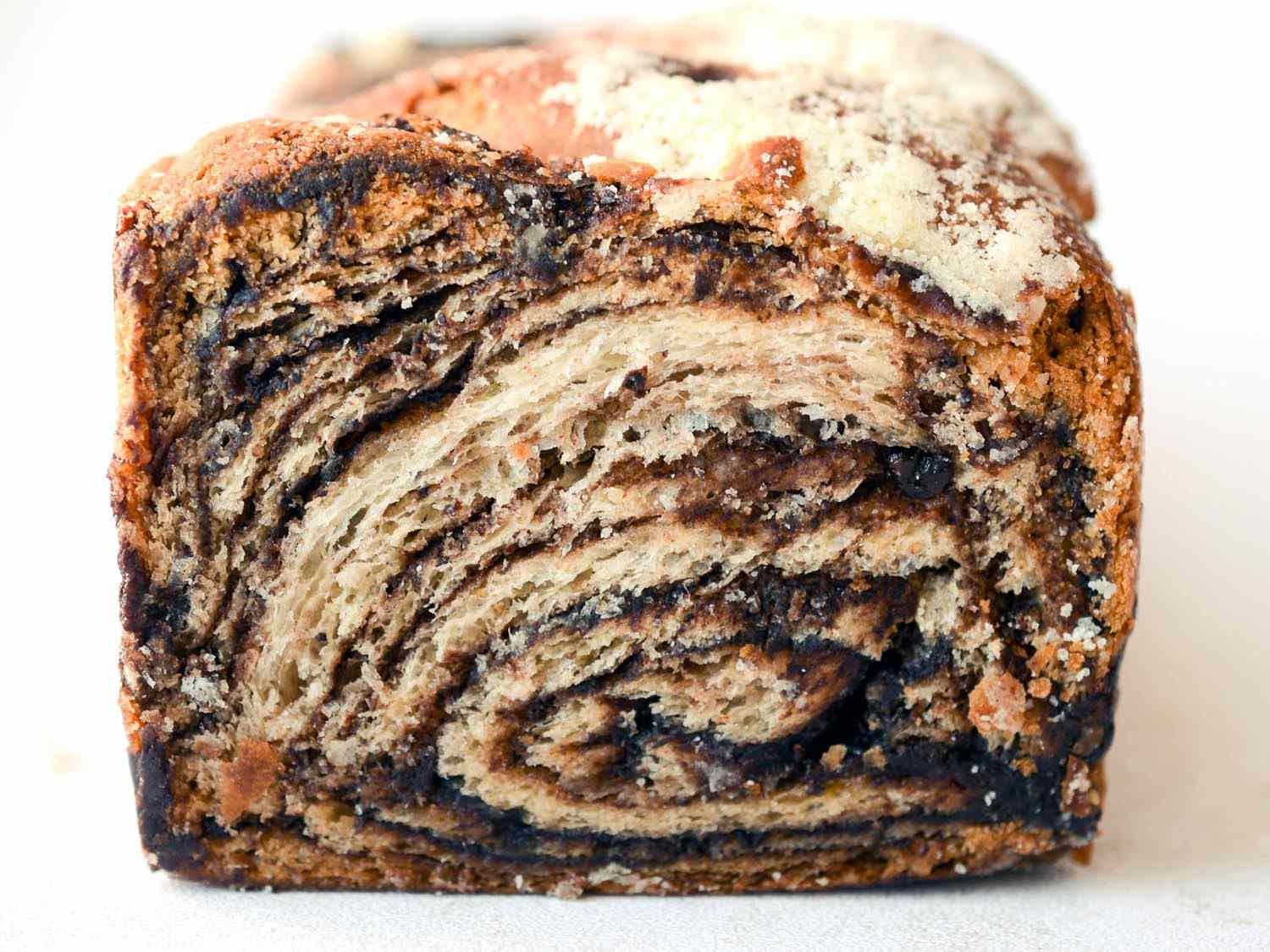Close up cross section of chocolate babka.
