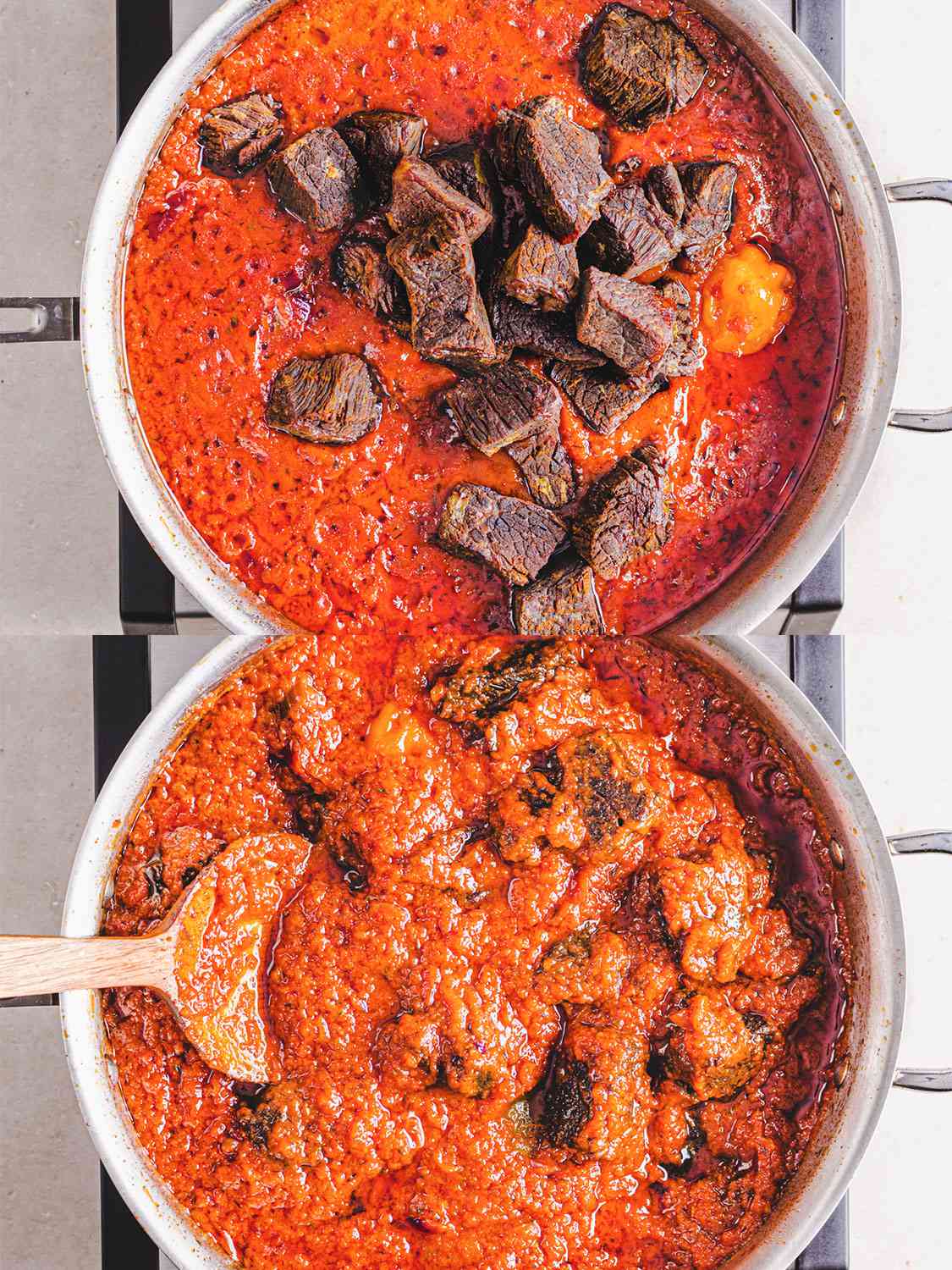 Two image collage of stirring beef into stew 