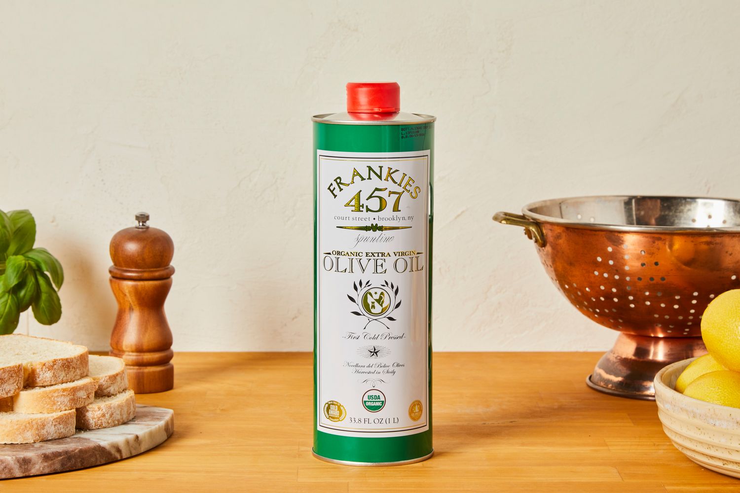 A bottle of Frankies olive oil.