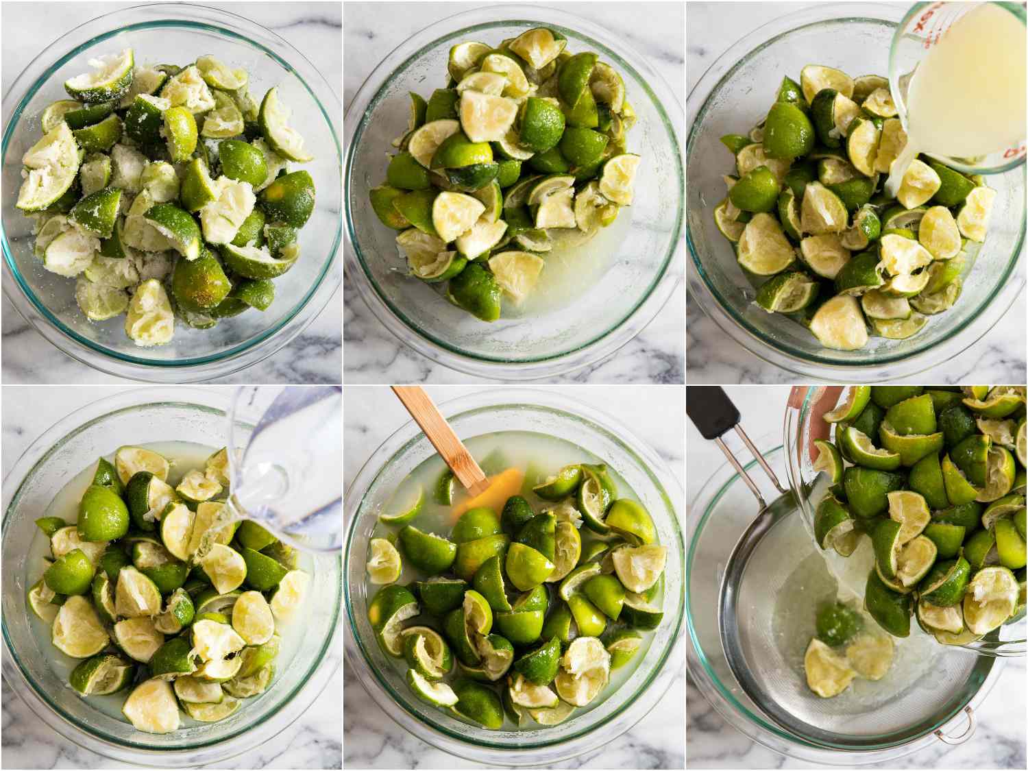 Collage of the juiced, sugared limes before and after macerating, being stirred with the juice and water, and filtered through a fine mesh strainer.