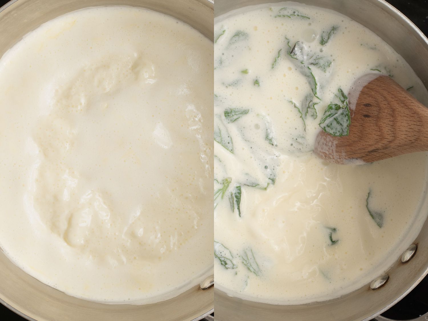 A two-image collage. The left image shows the cream and milk being simmering in a stainless steel saucepan. The right image shows the mint leaves stirred into cream and milk inside saucepan 
