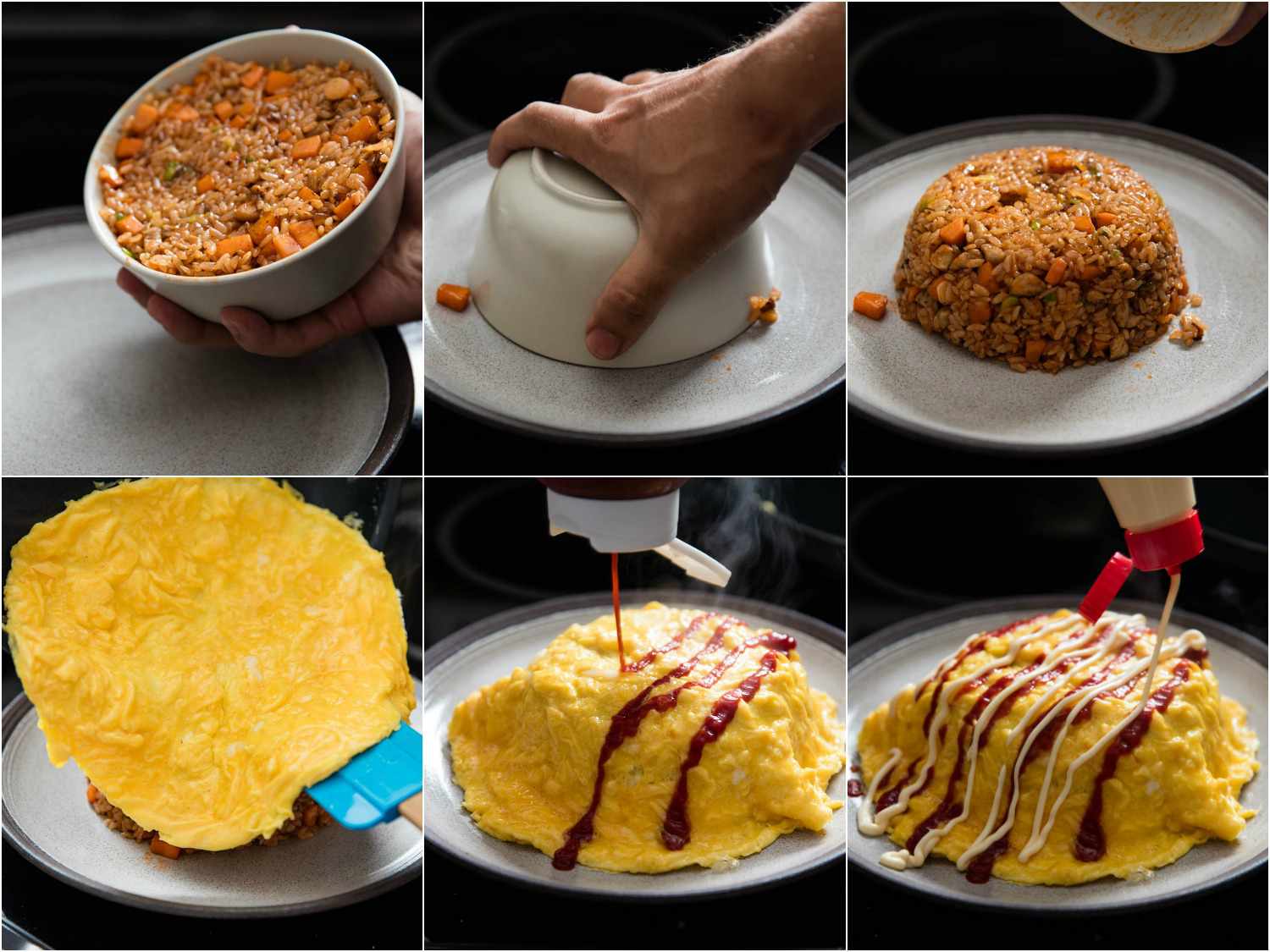 Collage of finishing omurice: turning mound of fried rice onto a plate, draping omelette over, garnishing with ketchup and Japanese mayo.