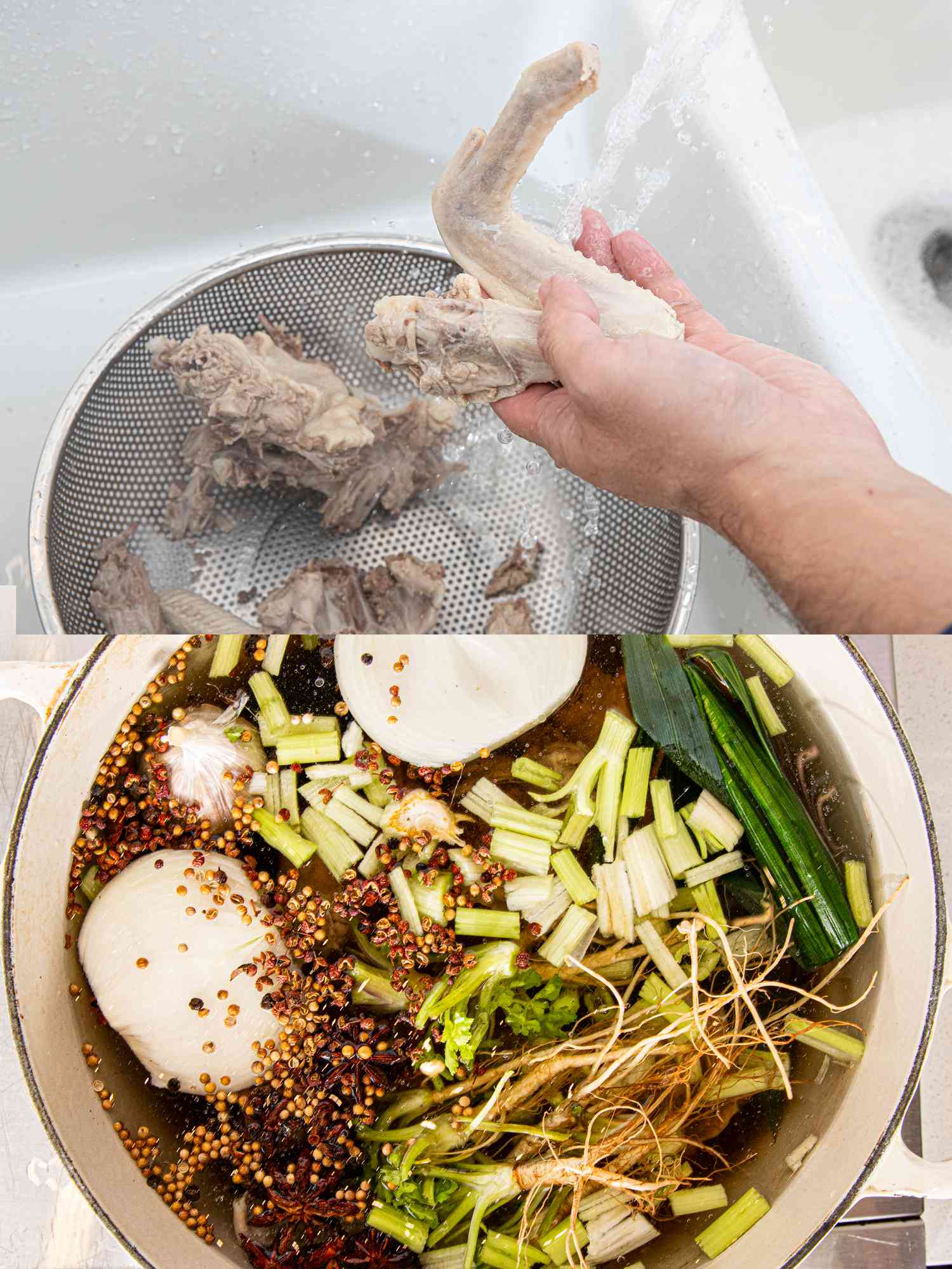 Two image collage of washing duck leg and stock with aromatics 