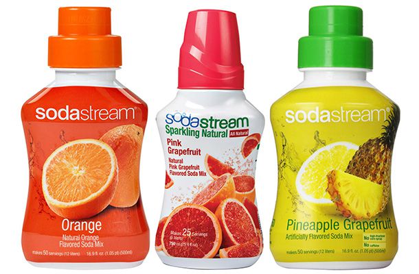 Photo of orange, pink grapefruit, and pineapple grapefruit SodaStream syrups.