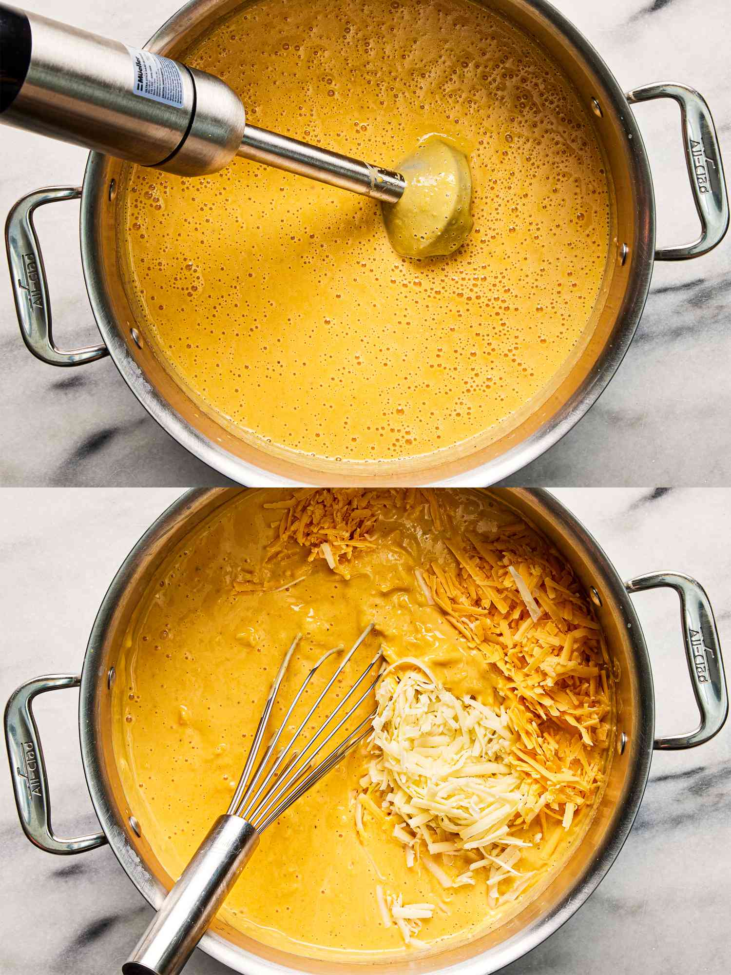 Overhead view of blending and adding cheese to mac and cheese