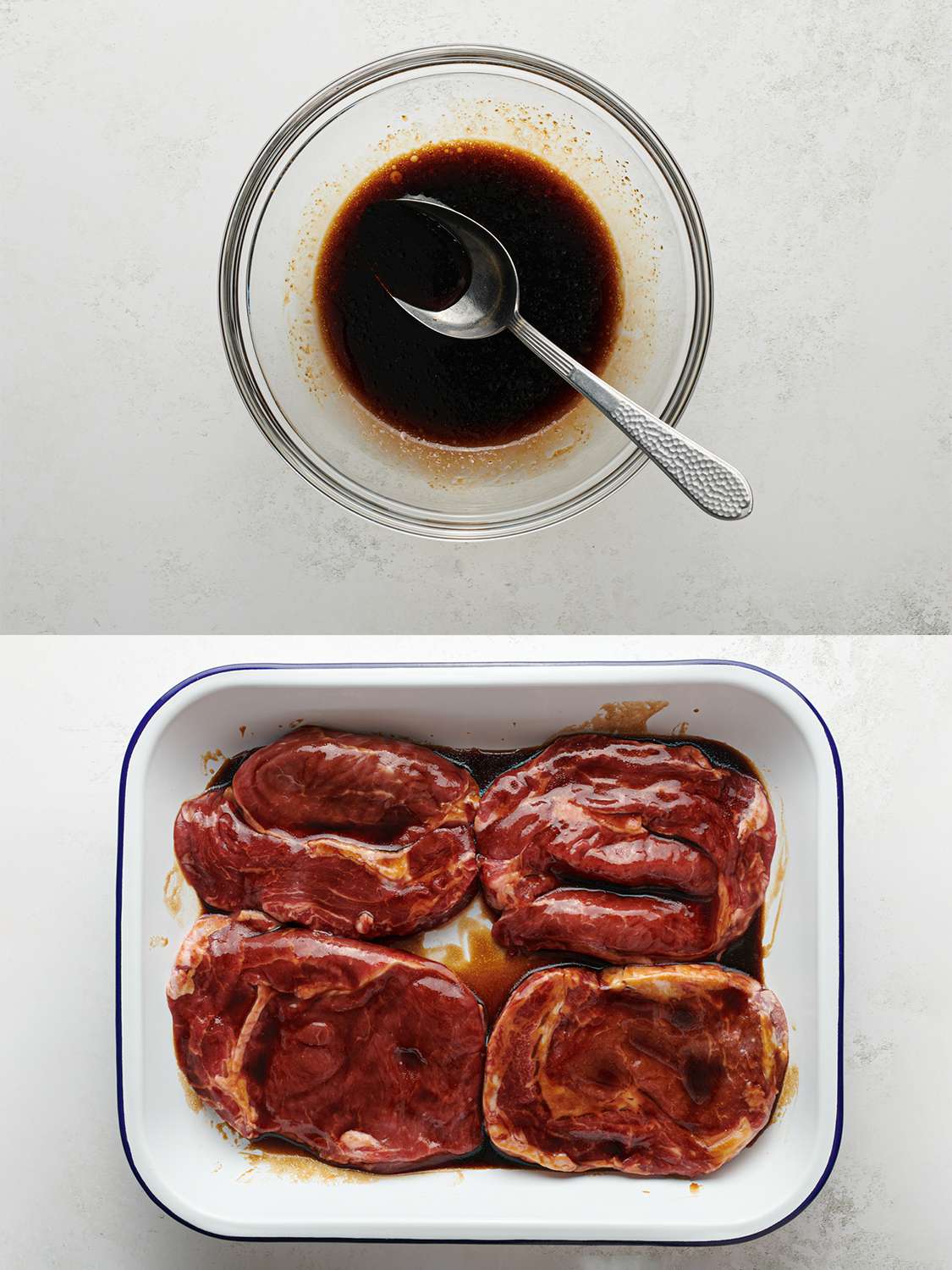 A two image collage. The top image shows a small bowl containing a marinade, and the bottom image shows the beef steaks in an enameled pan, coated in the marinade.