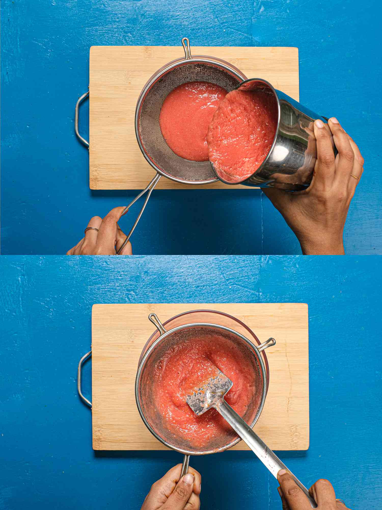 two image collage. Top: Pouring tomato puree through fine mesh strainer on wooden board. Bottom: Pressing juice through fine mesh strainer into bowl on wooden board 