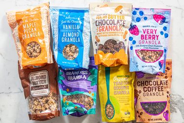 Various Trader Joes granola packages arranged on a marble surface