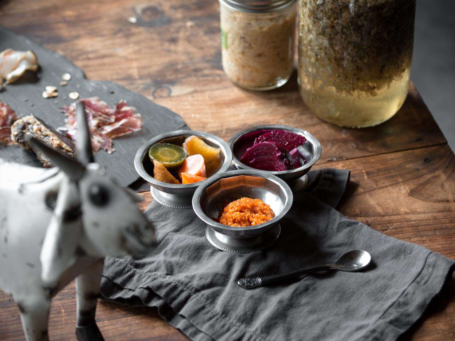 Trio of fermented carrot bettarazuke, two-week beet bettarazuke, and amino sauce made from sweetfish roe and jasmine rice koji.