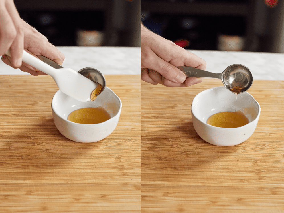 A collage of pictures showing a hand emptying out a tablespoon measuring spoon of honey