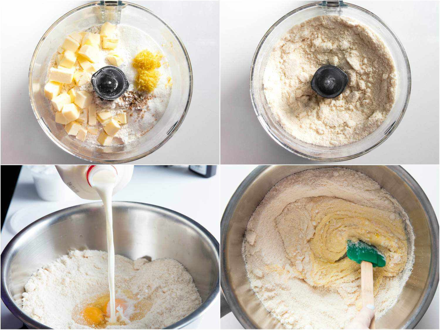 A four-image collage of adding and mixing the butter and dry ingredients for the upside-down blueberry muffin in a food processor, followed by adding and mixing in the egg, milk, and vanilla in a large mixing bowl.
