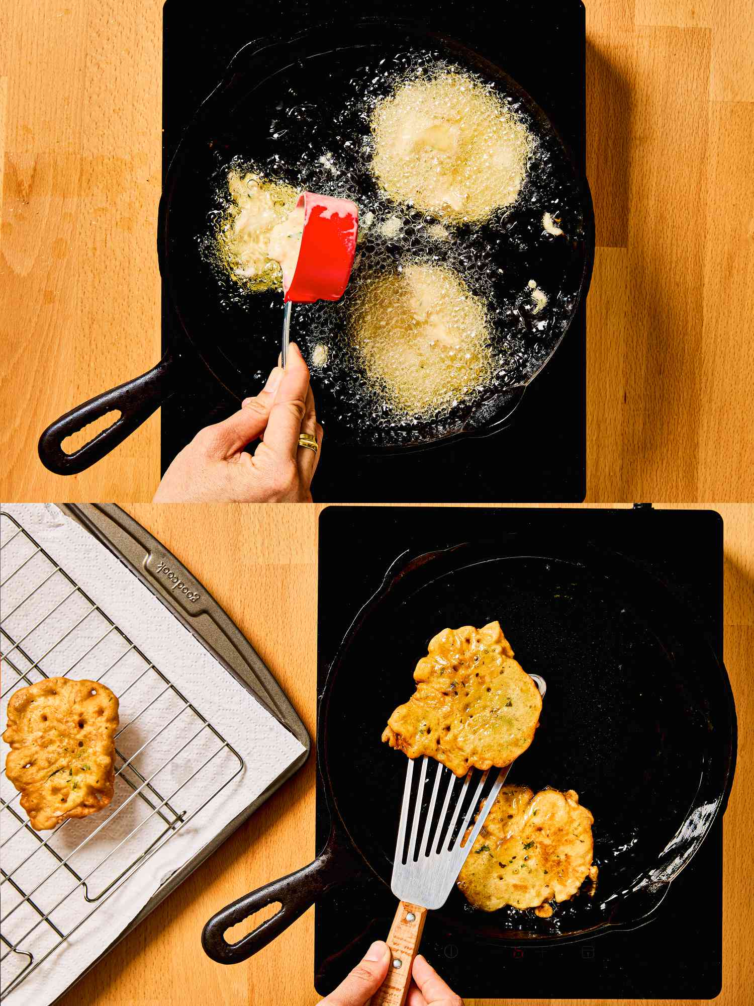 2 image collage. Top: Pouring fritters into oil in skillet. Bottom: Taking fritters out of skillet and placing onto cooling rack with paper towel lined sheet pan 