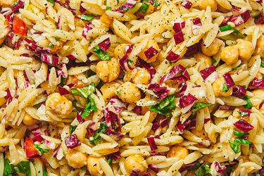 Orzo pasta salad with vegetables and chickpeas