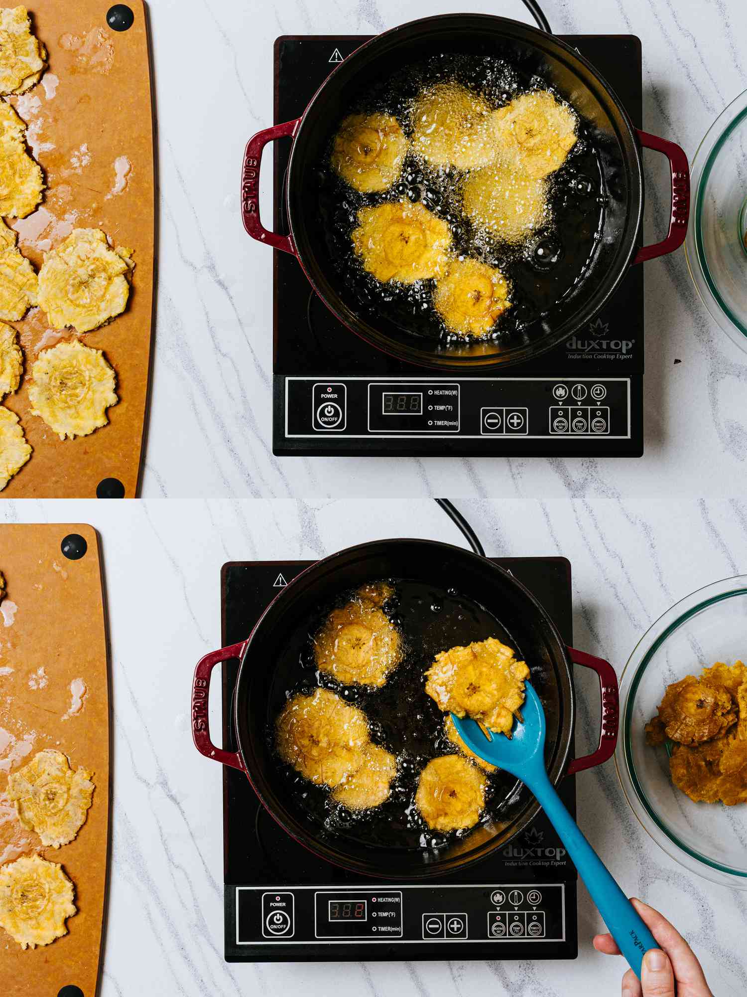 Two image collage of re-frying smashed plantains