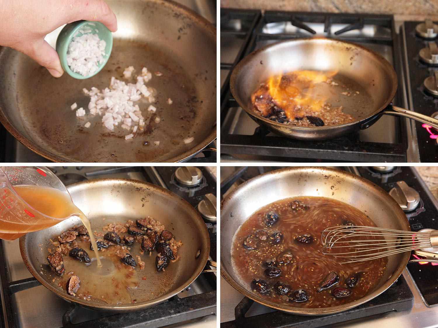 A 4-image collage: adding shallots to the skillet used to brown pork, adding bourbon-soaked figs and flambeing the mixture, adding chicken stock and whisking the mixture.
