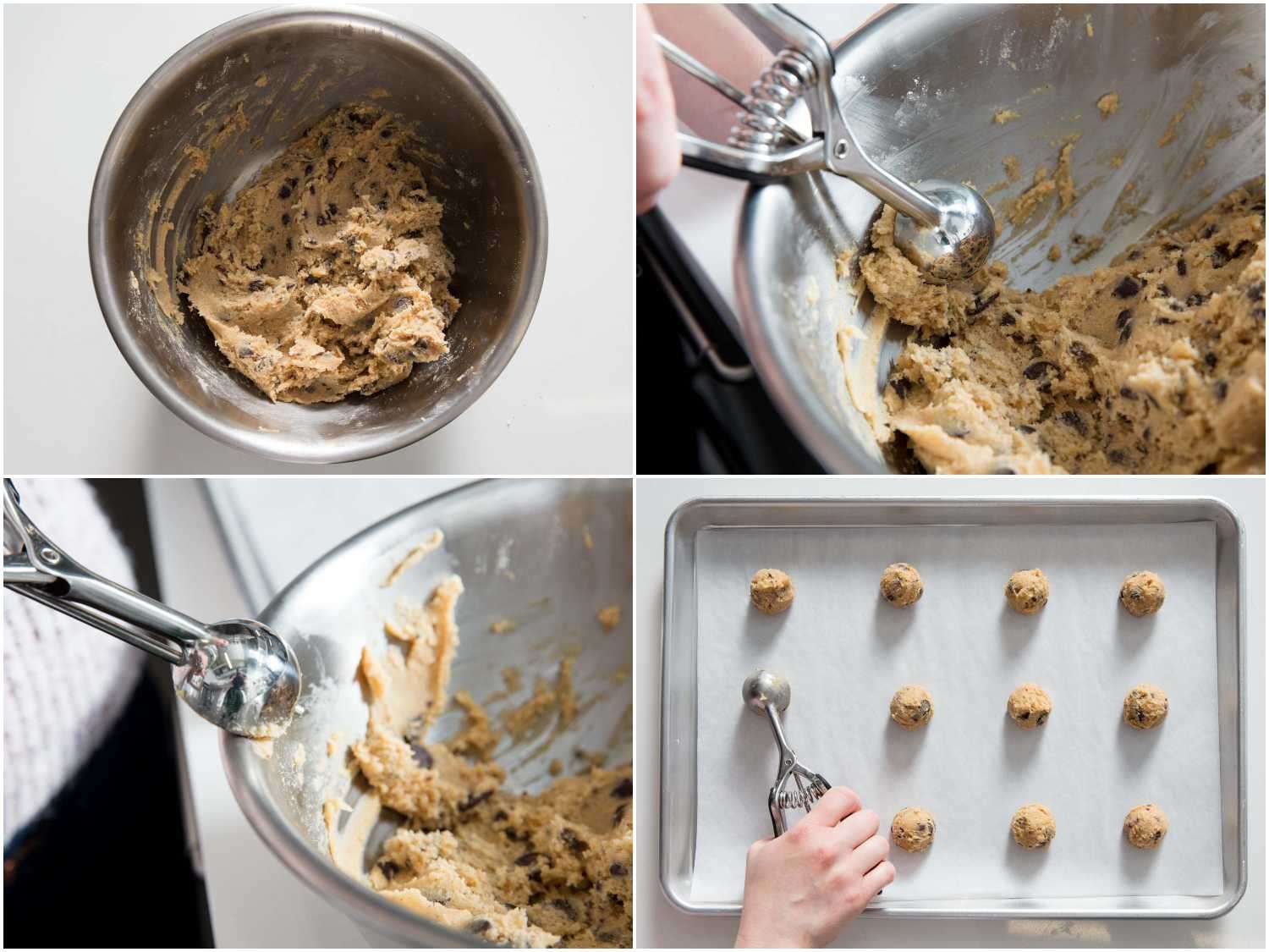 Chocolate chip cookie dough being scooped with a portion scoop.