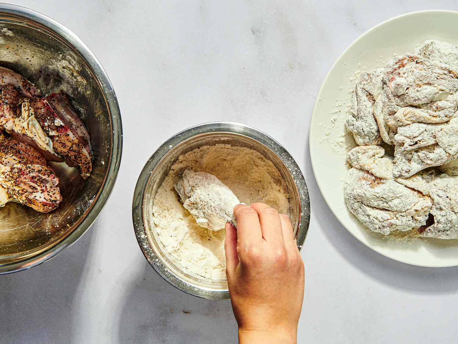 Dredging chicken in flour in small bowl, and placed onto a separate plate