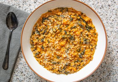 Overhead view of butternut squash farrotto