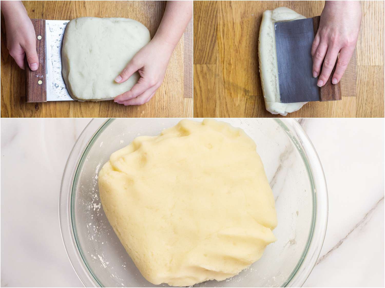 Collage of photos showing kneading of potato and potato starch dough