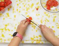 a person slicing a tomato
