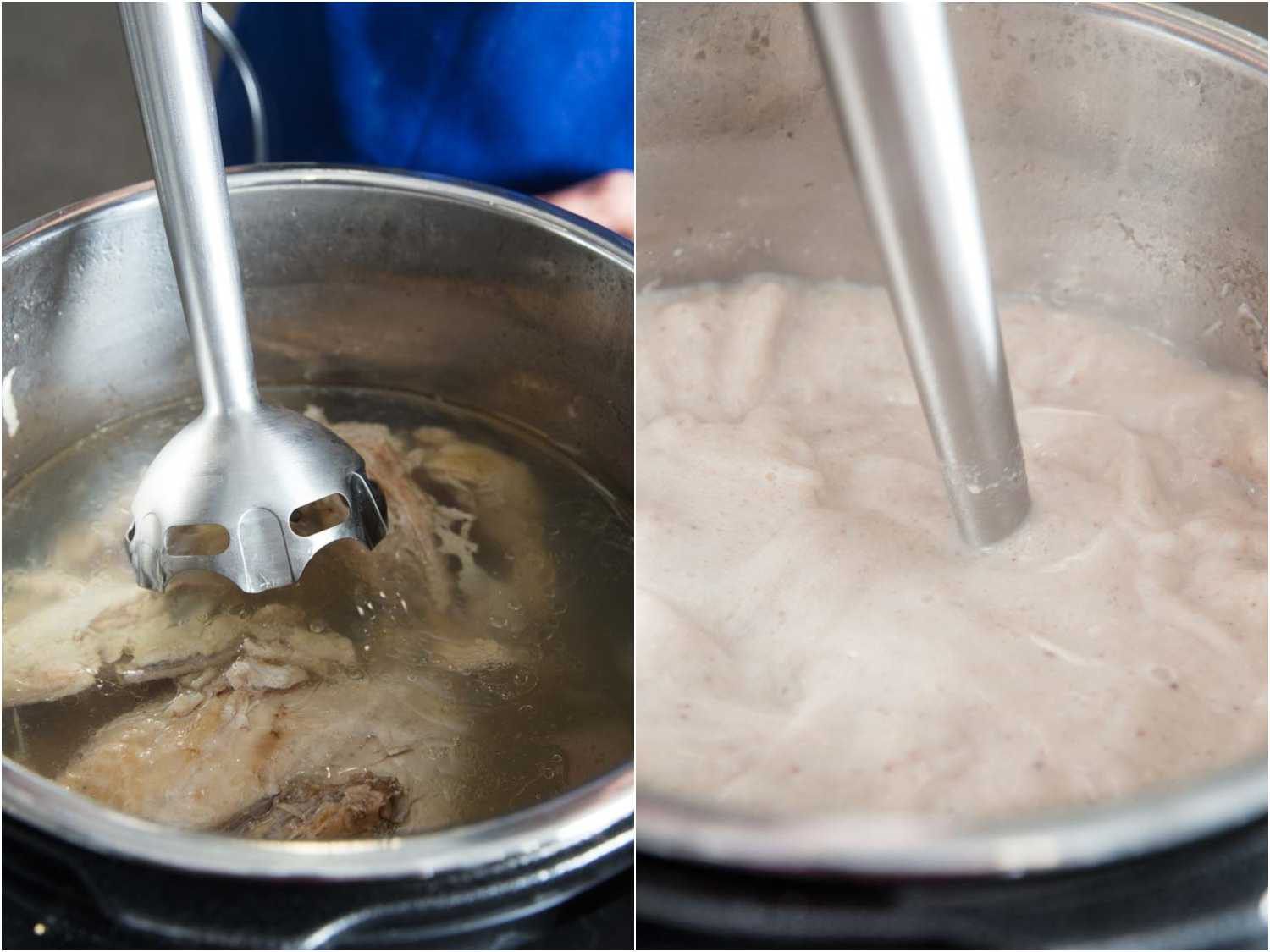 Side by side of immersion blender being submerged in pressure cooking chicken broth and immersion blender blending broth.