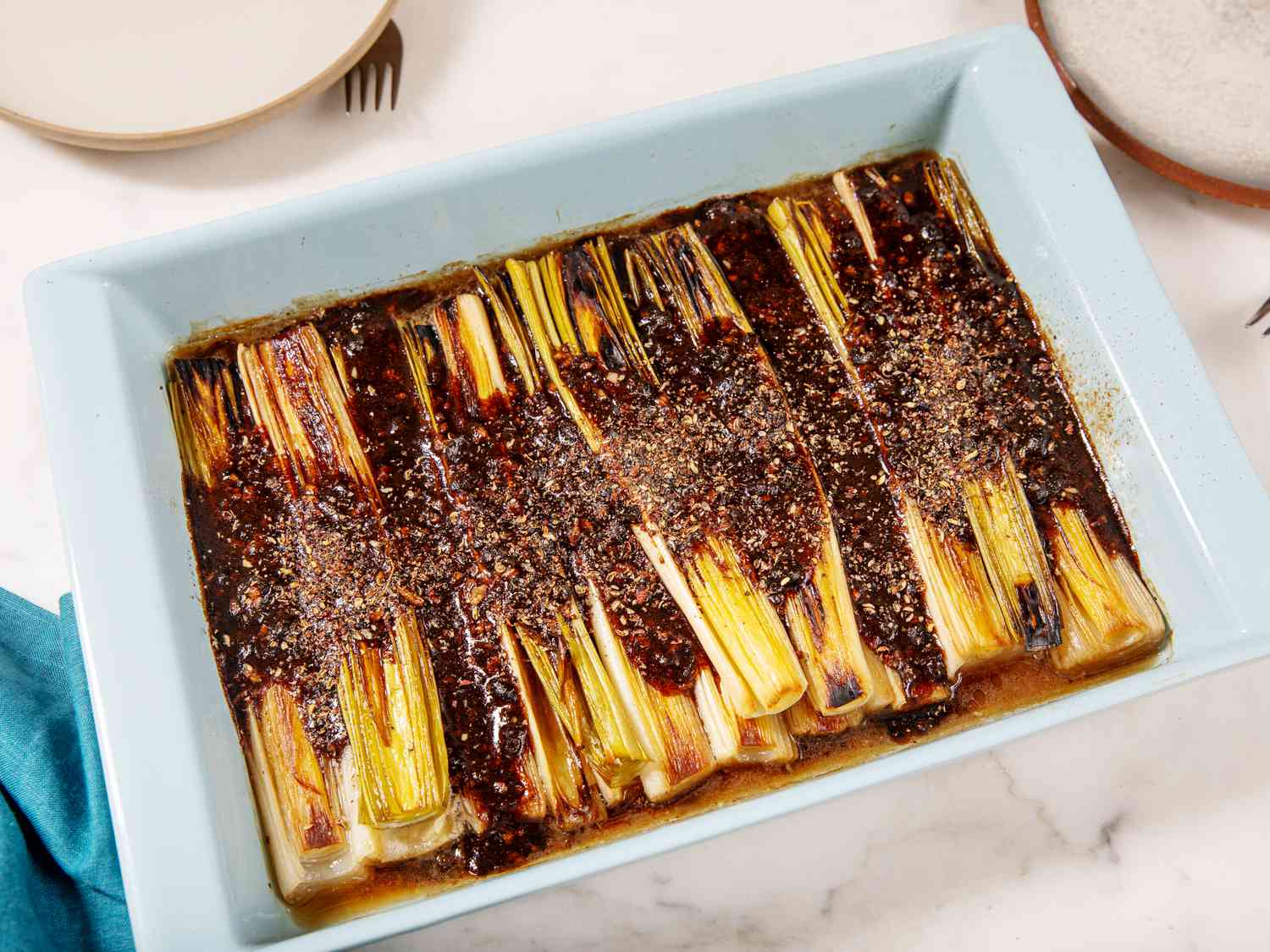 Overhead view of braised leaks