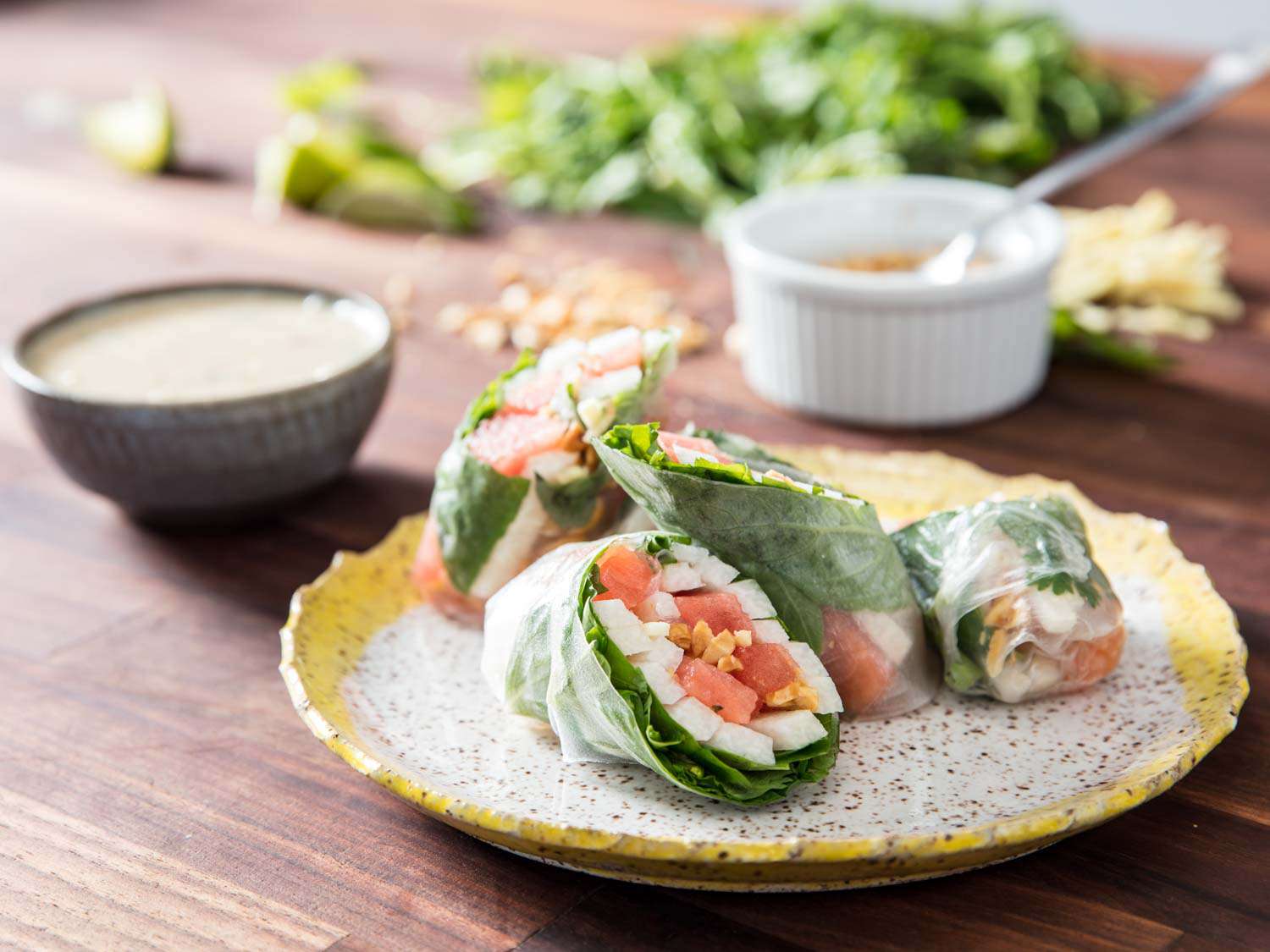 Watermelon jicama summer rolls cut and plated