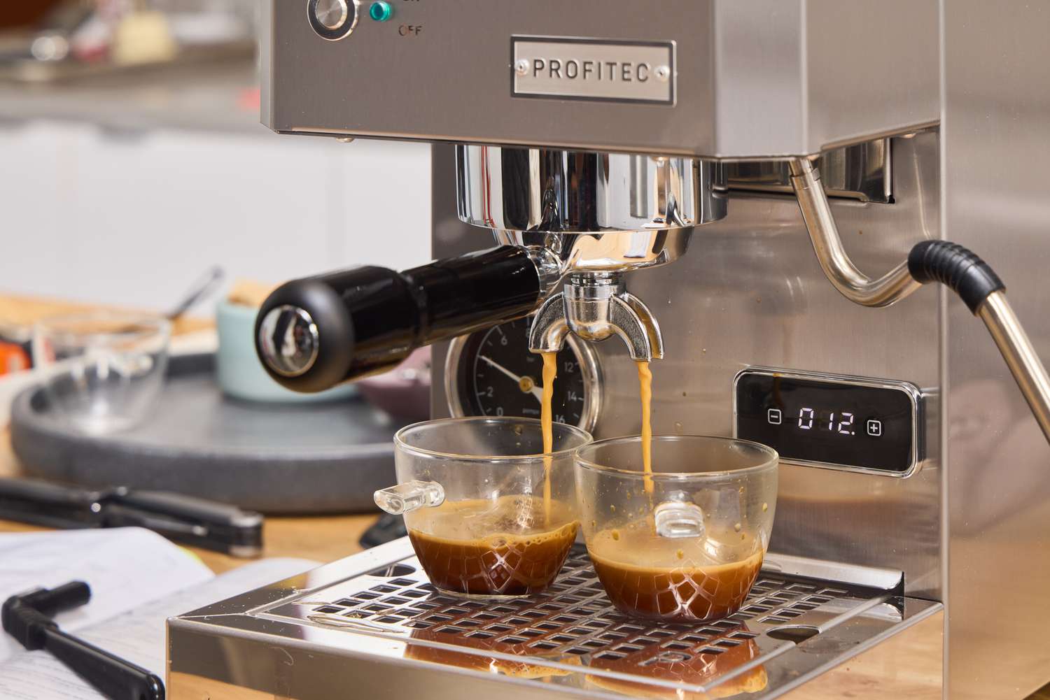 Espresso shots are made using the Profitec GO Single Boiler Espresso Machine