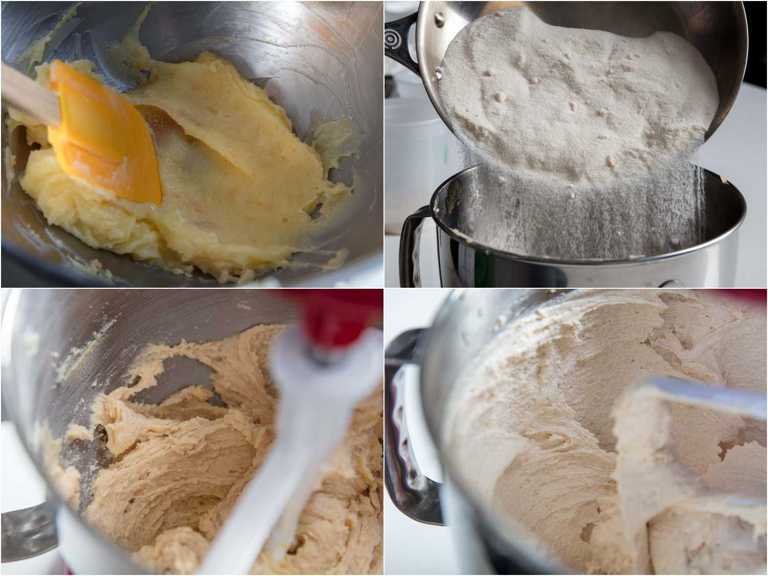 Collage showing the brown butter and toasted sugar being creamed to a pale, fluffy consistency.