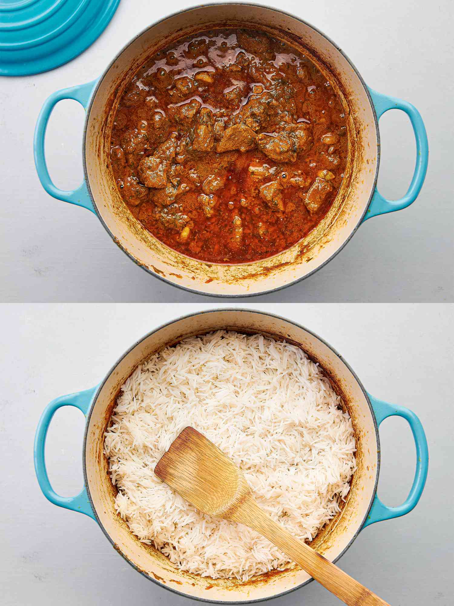 Two image collage of cooked lamb in Dutch oven before and after rice is added