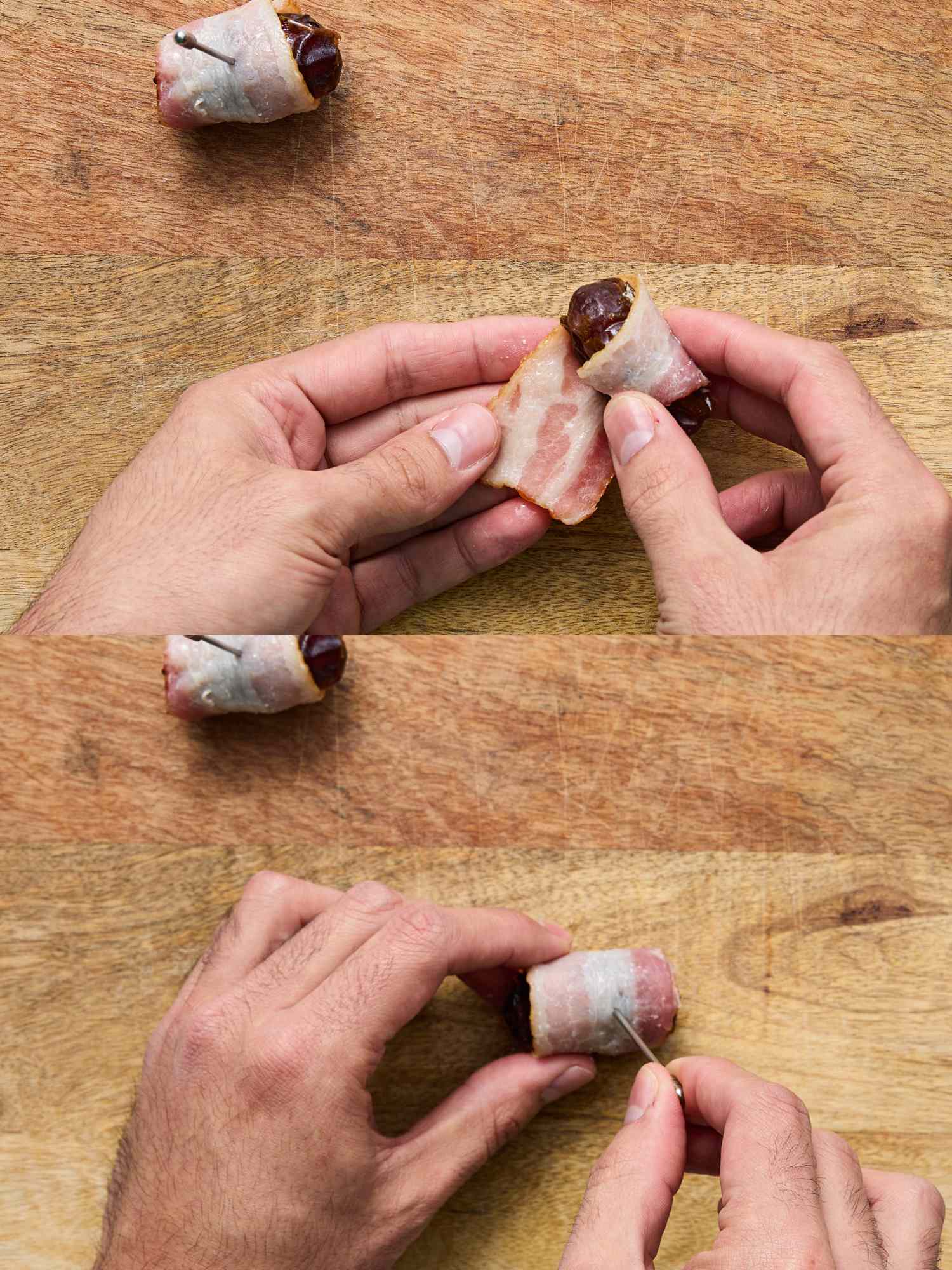 Hands wrapping food in bacon using toothpicks stepbystep process on a wooden surface