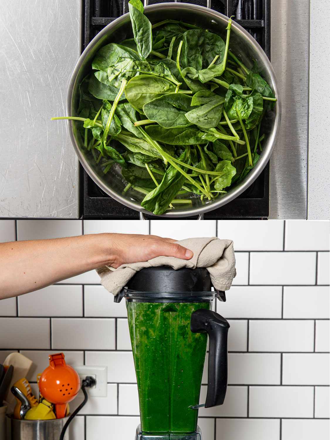 Two Image Collage. Top: Uncooked spinach in a pan. Bottom: A hand holds the lid down on a blender which has the spinach puree in it