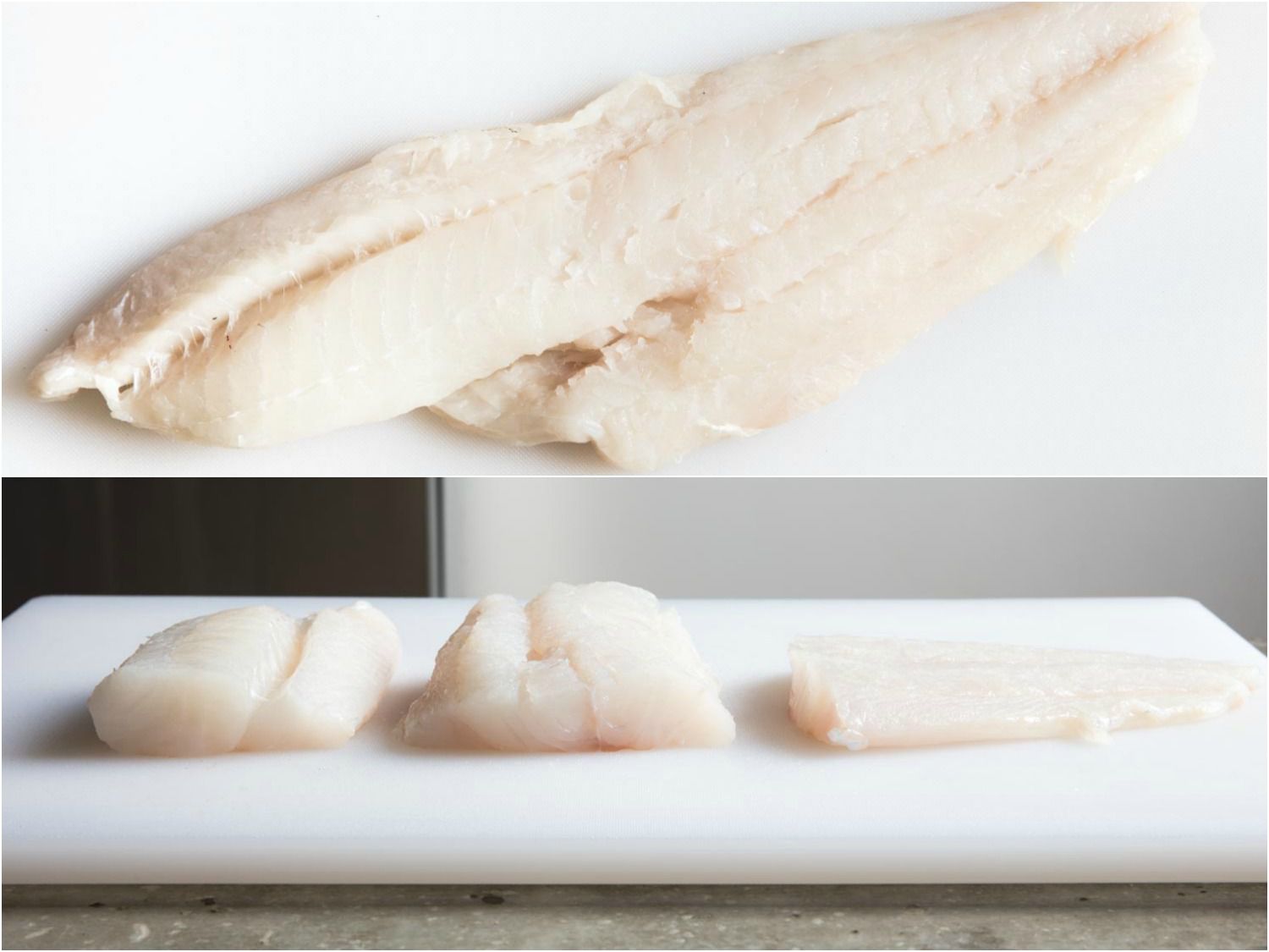 Two photos, one of an improperly sliced snapper fillet and another with a snapper fillet divided into three pieces, the third smaller than the other two.