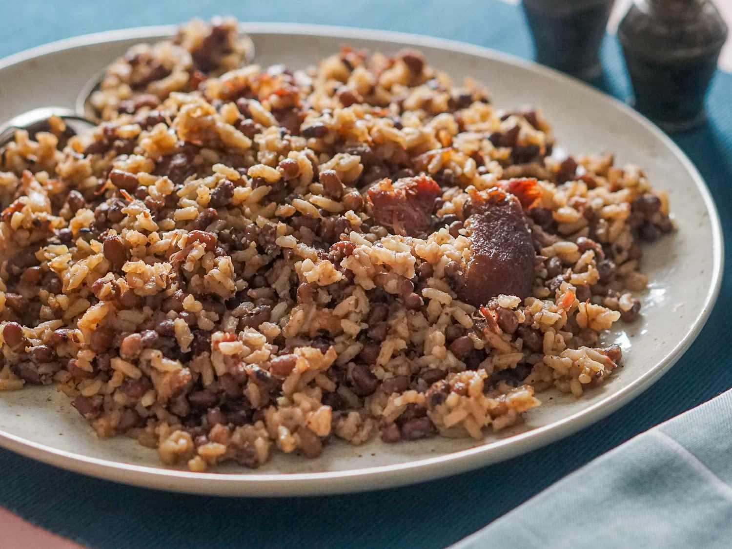 Close up view of Hoppin' John on a plate.