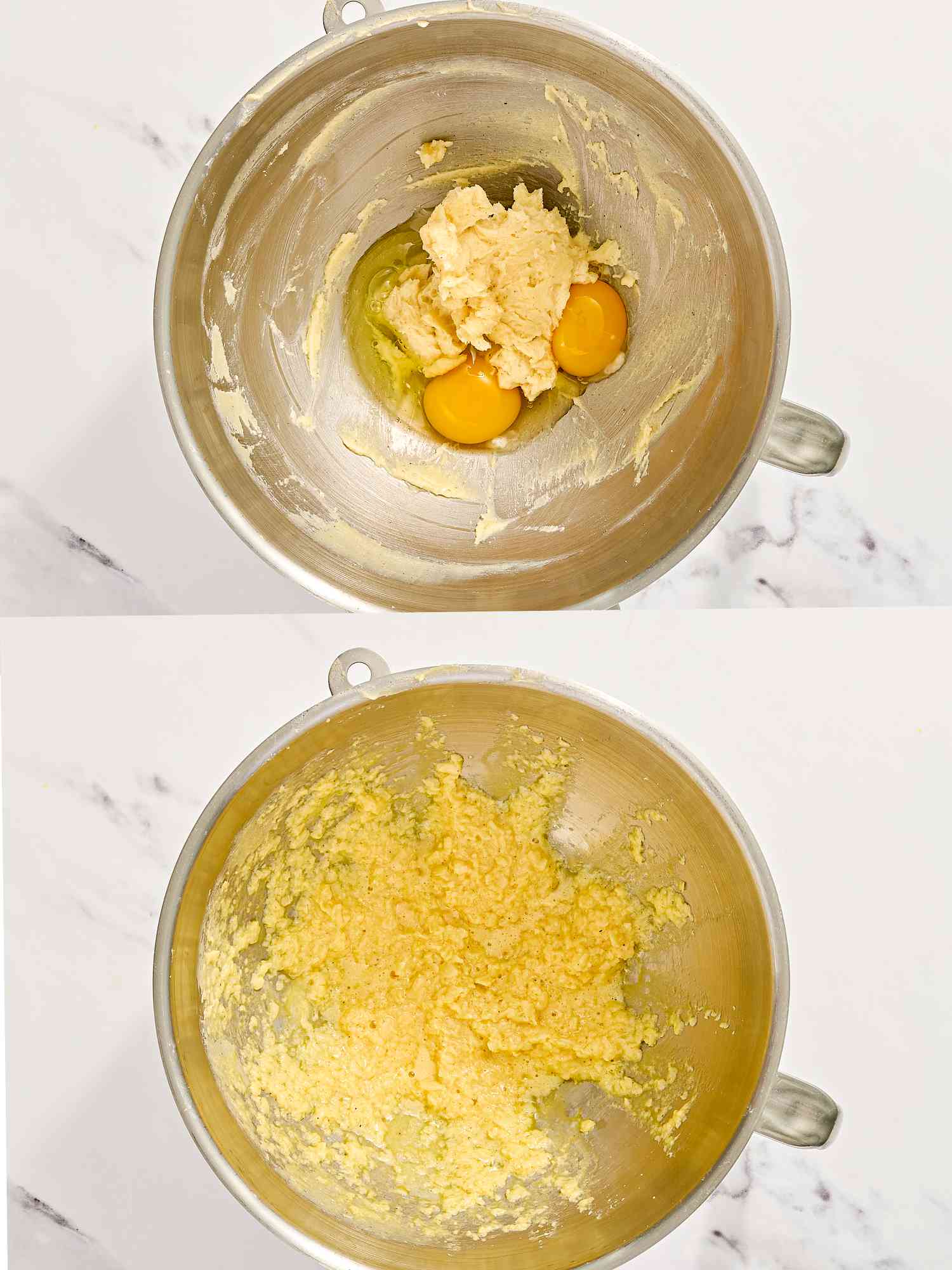 Top view of a mixing bowl showing two stages of a baking preparation process, first with ingredients and then mixed into a batter