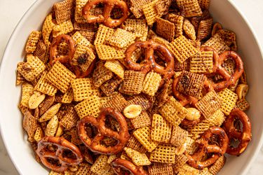 Overhead view of mala spiced chex mix