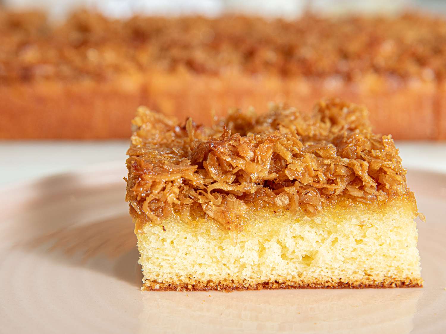 Slice of cake topped with caramelized shredded coconut on a plate