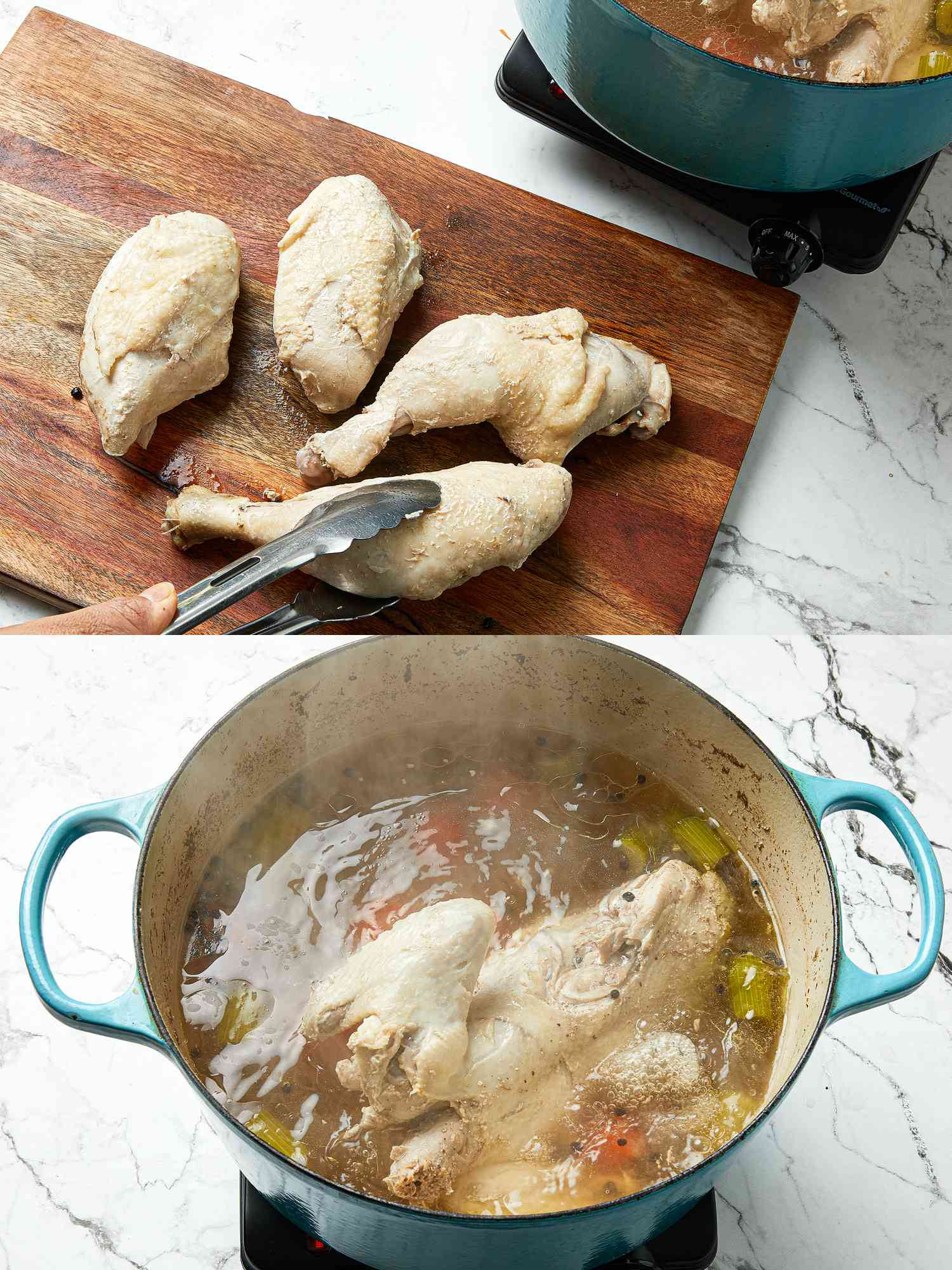 2 image collage. Top: cooked chicken taken out of dutch oven and placed onto wooden board with tongs. Bottom: Leftover chicken carcass and veggies cooking in dutch oven